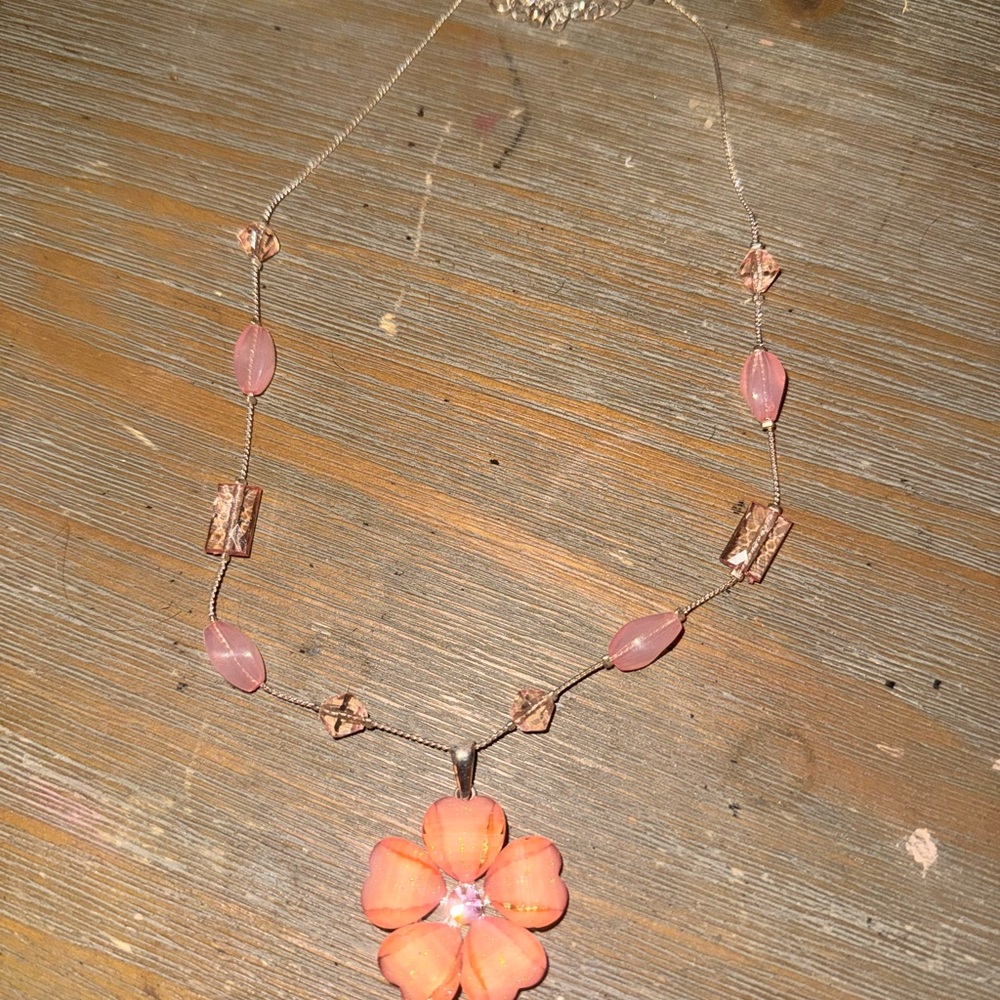 Pink Floral Necklace with Crystal Beads